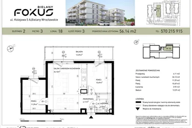 Rzut - Mieszkanie na sprzedaż 3 pokoje o powierzchni 56,14 m² - numer B2-18 w Fokus Bielany