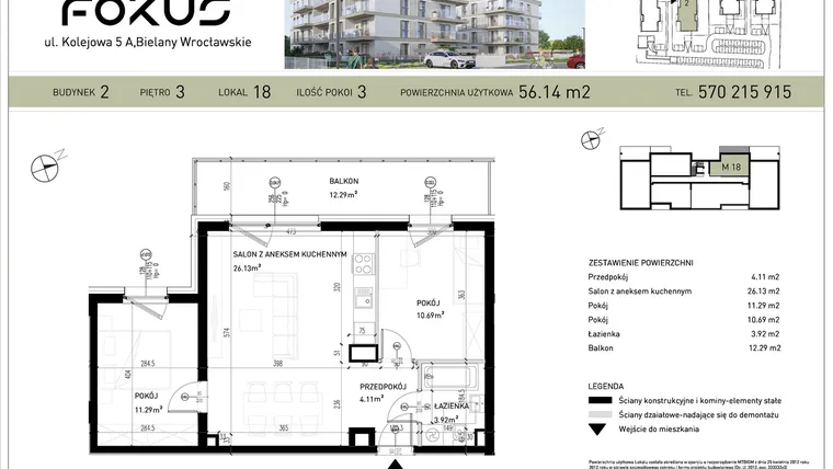 Rzut - Mieszkanie na sprzedaż 3 pokoje o powierzchni 56,14 m² - numer B2-18 w Fokus Bielany