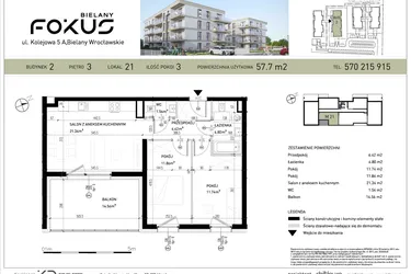 Rzut - Mieszkanie na sprzedaż 3 pokoje o powierzchni 57,7 m² - numer B2-21 w Fokus Bielany