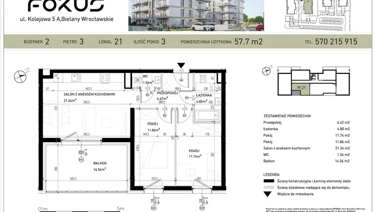 Rzut - Mieszkanie na sprzedaż 3 pokoje o powierzchni 57,7 m² - numer B2-21 w Fokus Bielany