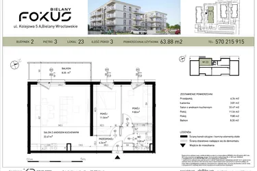 Rzut - Mieszkanie na sprzedaż 3 pokoje o powierzchni 63,88 m² - numer B2-23 w Fokus Bielany