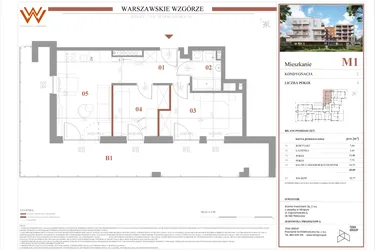 Rzut - Mieszkanie na sprzedaż 3 pokoje o powierzchni 43,6 m² - numer M1 w Warszawskie Wzgórze