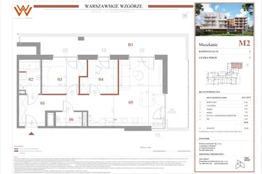 Rzut - Mieszkanie na sprzedaż 3 pokoje o powierzchni 56,52 m² - numer M2 w Warszawskie Wzgórze