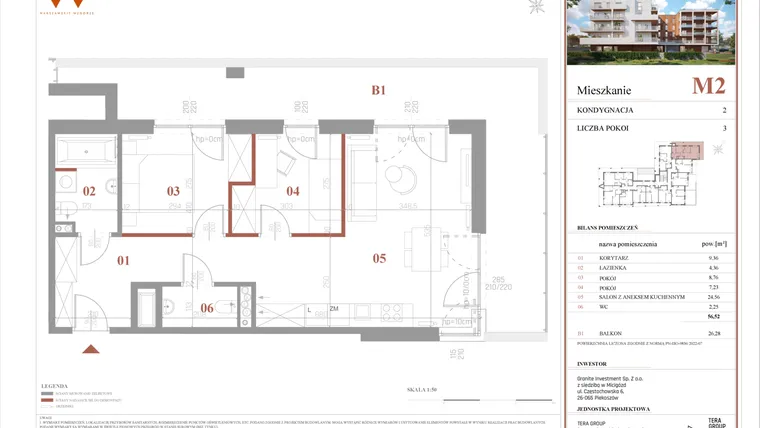 Rzut - Mieszkanie na sprzedaż 3 pokoje o powierzchni 56,52 m² - numer M2 w Warszawskie Wzgórze