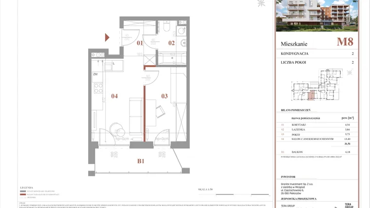 Rzut - Mieszkanie na sprzedaż 2 pokoje o powierzchni 31,51 m² - numer M8 w Warszawskie Wzgórze