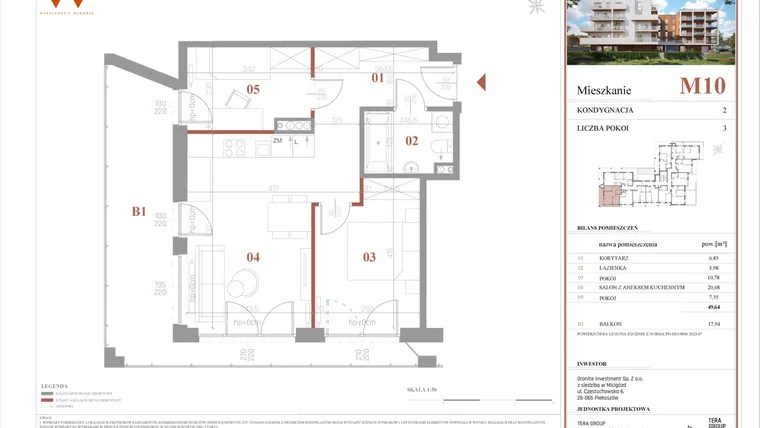 Rzut - Mieszkanie na sprzedaż 3 pokoje o powierzchni 49,64 m² - numer M10 w Warszawskie Wzgórze