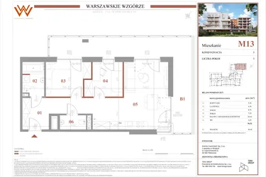 Rzut - Mieszkanie na sprzedaż 3 pokoje o powierzchni 56,52 m² - numer M13 w Warszawskie Wzgórze