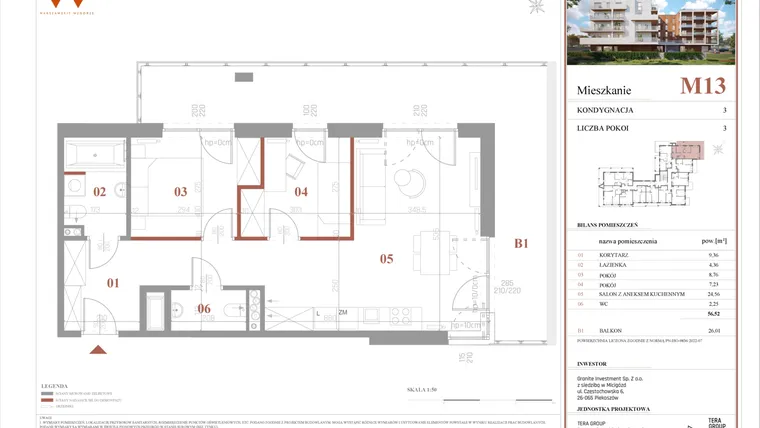 Rzut - Mieszkanie na sprzedaż 3 pokoje o powierzchni 56,52 m² - numer M13 w Warszawskie Wzgórze