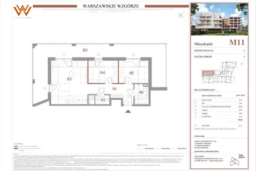 Rzut - Mieszkanie na sprzedaż 3 pokoje o powierzchni 58,89 m² - numer M11 w Warszawskie Wzgórze