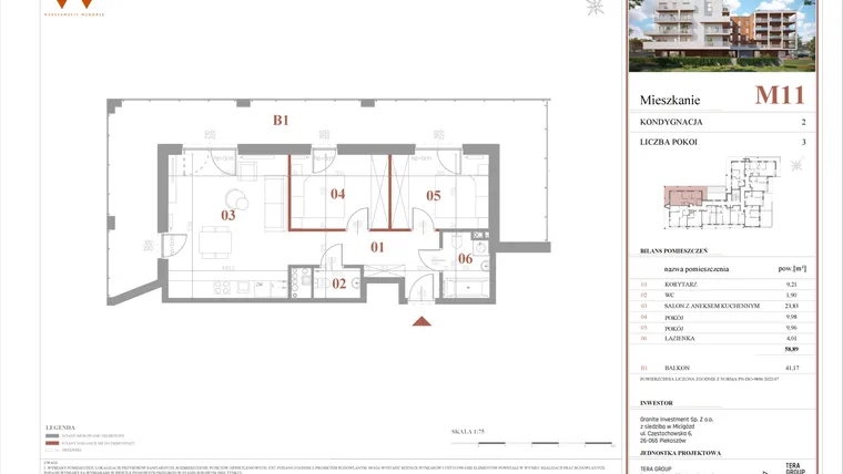 Rzut - Mieszkanie na sprzedaż 3 pokoje o powierzchni 58,89 m² - numer M11 w Warszawskie Wzgórze