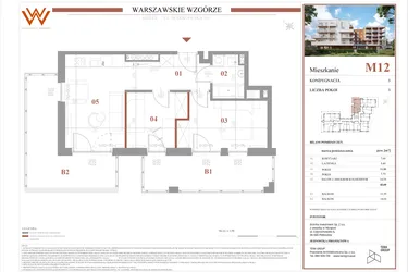 Rzut - Mieszkanie na sprzedaż 3 pokoje o powierzchni 43,6 m² - numer M12 w Warszawskie Wzgórze