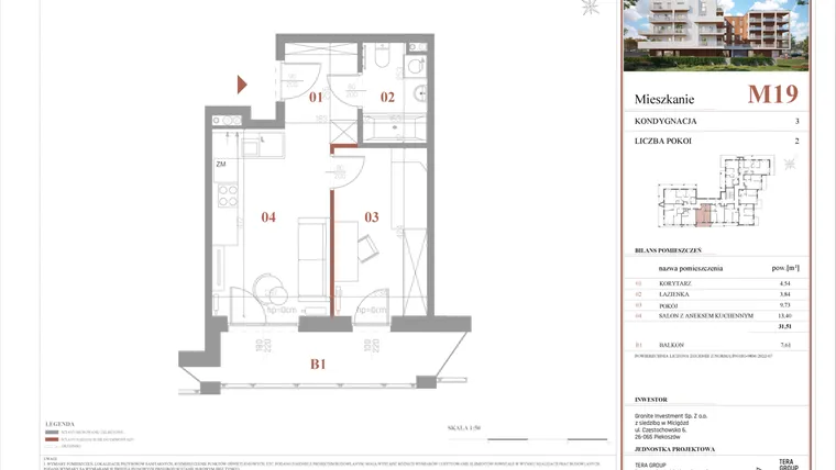 Rzut - Mieszkanie na sprzedaż 2 pokoje o powierzchni 31,51 m² - numer M19 w Warszawskie Wzgórze