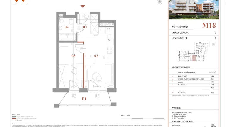 Rzut - Mieszkanie na sprzedaż 2 pokoje o powierzchni 31,56 m² - numer M18 w Warszawskie Wzgórze