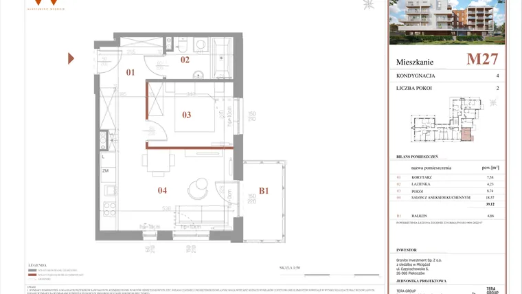 Rzut - Mieszkanie na sprzedaż 2 pokoje o powierzchni 39,12 m² - numer M27 w Warszawskie Wzgórze