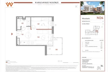 Rzut - Mieszkanie na sprzedaż 2 pokoje o powierzchni 33,42 m² - numer M26 w Warszawskie Wzgórze