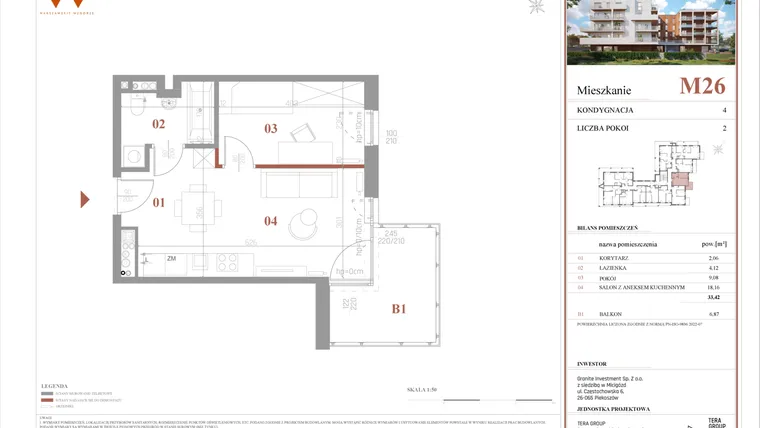 Rzut - Mieszkanie na sprzedaż 2 pokoje o powierzchni 33,42 m² - numer M26 w Warszawskie Wzgórze