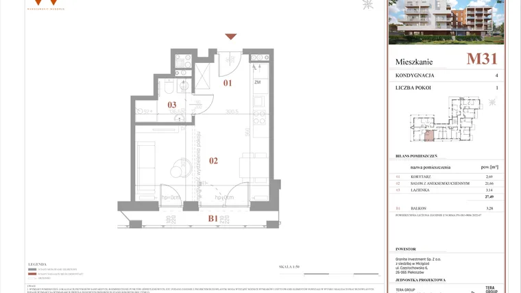 Rzut - Mieszkanie na sprzedaż 1 pokój o powierzchni 27,49 m² - numer M31 w Warszawskie Wzgórze