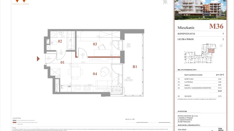 Rzut - Mieszkanie na sprzedaż 2 pokoje o powierzchni 32,49 m² - numer M36 w Warszawskie Wzgórze