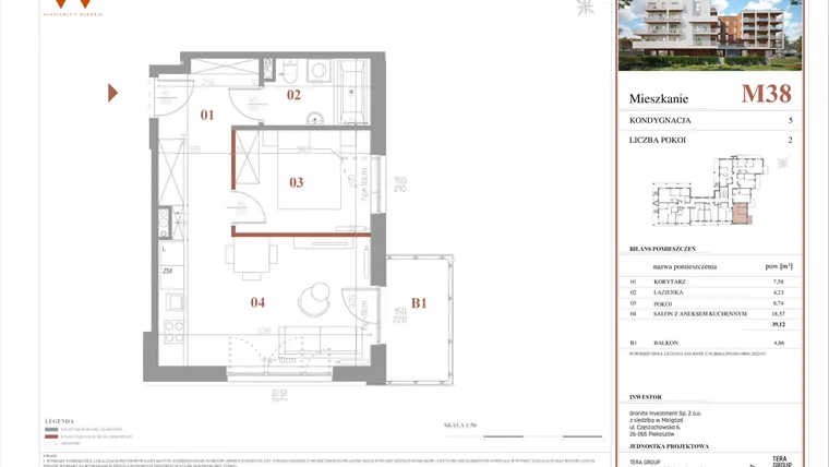 Rzut - Mieszkanie na sprzedaż 2 pokoje o powierzchni 39,12 m² - numer M38 w Warszawskie Wzgórze