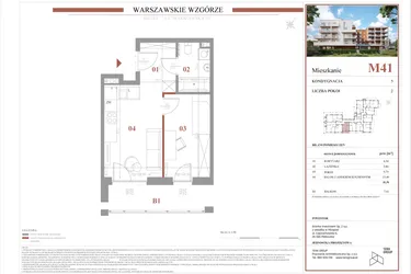 Rzut - Mieszkanie na sprzedaż 2 pokoje o powierzchni 31,51 m² - numer M41 w Warszawskie Wzgórze