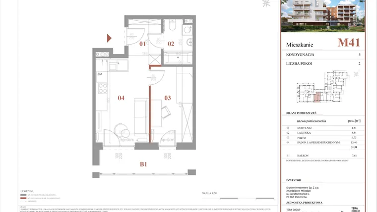 Rzut - Mieszkanie na sprzedaż 2 pokoje o powierzchni 31,51 m² - numer M41 w Warszawskie Wzgórze