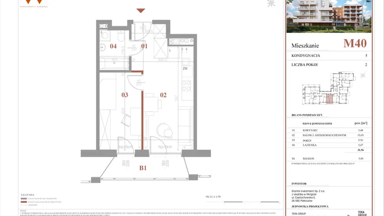 Rzut - Mieszkanie na sprzedaż 2 pokoje o powierzchni 31,56 m² - numer M40 w Warszawskie Wzgórze