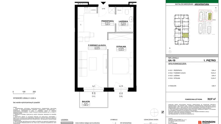Rzut - Mieszkanie na sprzedaż 2 pokoje o powierzchni 39,97 m² - numer 6A-19 w Nowa Północ etap 2A