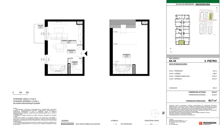 Rzut - Mieszkanie na sprzedaż 3 pokoje o powierzchni 58,77 m² - numer 6A-34 w Nowa Północ etap 2A