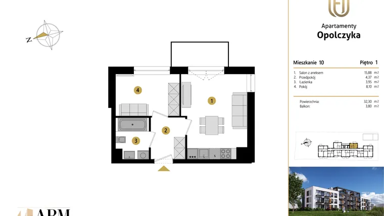 Rzut - Mieszkanie na sprzedaż 2 pokoje o powierzchni 32,3 m² - numer M10 w Apartamenty Opolczyka