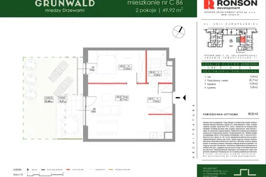 Rzut - Mieszkanie na sprzedaż 2 pokoje o powierzchni 49,92 m² - numer C086 w Grunwald Między Drzewami etap III