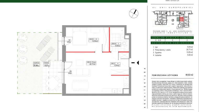 Rzut - Mieszkanie na sprzedaż 2 pokoje o powierzchni 49,92 m² - numer C086 w Grunwald Między Drzewami etap III