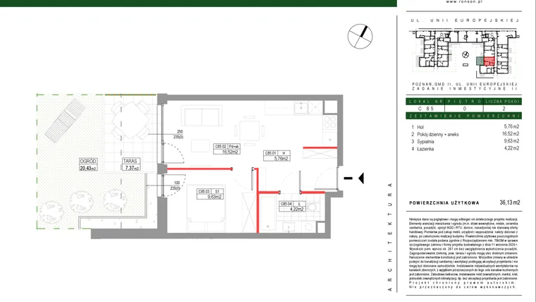 Rzut - Mieszkanie na sprzedaż 2 pokoje o powierzchni 36,13 m² - numer C085 w Grunwald Między Drzewami etap III