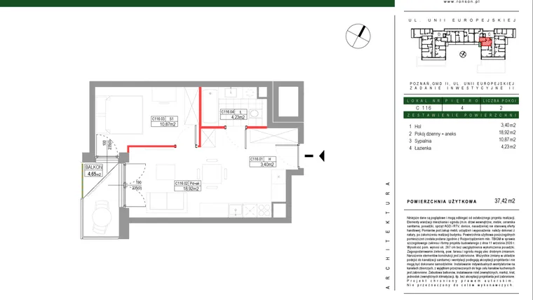 Rzut - Mieszkanie na sprzedaż 2 pokoje o powierzchni 37,42 m² - numer C116 w Grunwald Między Drzewami etap III