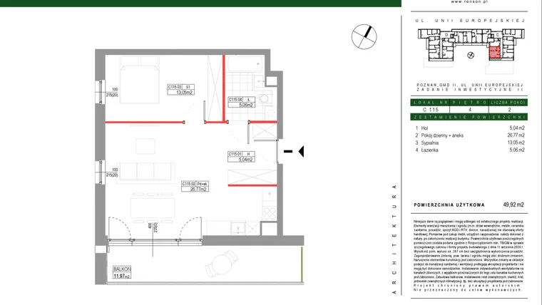 Rzut - Mieszkanie na sprzedaż 2 pokoje o powierzchni 49,92 m² - numer C115 w Grunwald Między Drzewami etap III