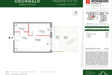 Rzut - Mieszkanie na sprzedaż 2 pokoje o powierzchni 37,63 m² - numer D122 w Grunwald Między Drzewami etap III