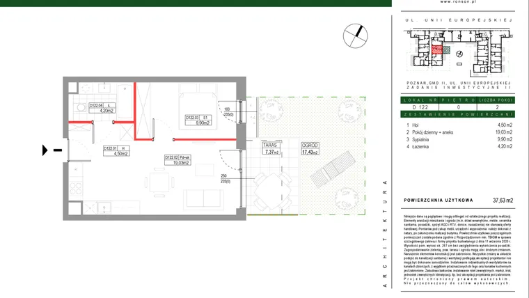 Rzut - Mieszkanie na sprzedaż 2 pokoje o powierzchni 37,63 m² - numer D122 w Grunwald Między Drzewami etap III
