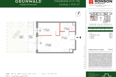 Rzut - Mieszkanie na sprzedaż 2 pokoje o powierzchni 37,81 m² - numer D125 w Grunwald Między Drzewami etap III
