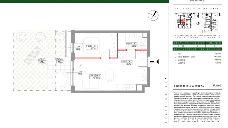 Rzut - Mieszkanie na sprzedaż 2 pokoje o powierzchni 37,81 m² - numer D125 w Grunwald Między Drzewami etap III