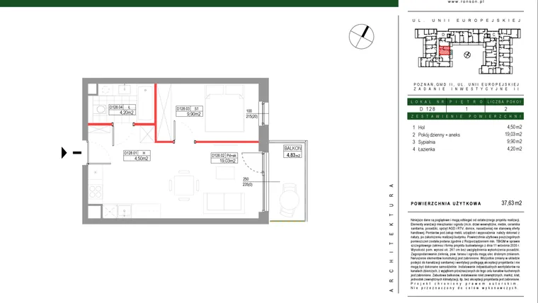 Rzut - Mieszkanie na sprzedaż 2 pokoje o powierzchni 37,63 m² - numer D128 w Grunwald Między Drzewami etap III