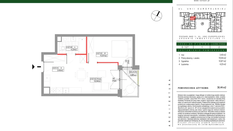 Rzut - Mieszkanie na sprzedaż 2 pokoje o powierzchni 38,44 m² - numer D127 w Grunwald Między Drzewami etap III