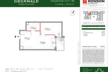 Rzut - Mieszkanie na sprzedaż 2 pokoje o powierzchni 38,44 m² - numer D138 w Grunwald Między Drzewami etap III