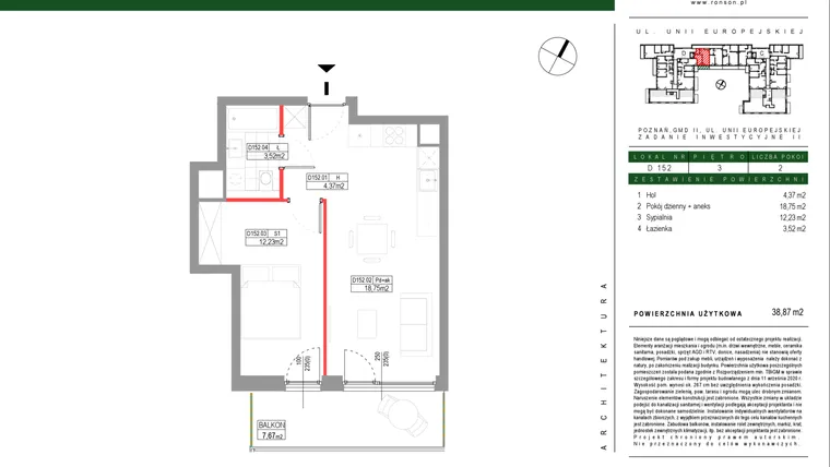 Rzut - Mieszkanie na sprzedaż 2 pokoje o powierzchni 38,87 m² - numer D152 w Grunwald Między Drzewami etap III