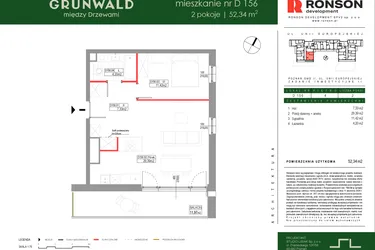 Rzut - Mieszkanie na sprzedaż 2 pokoje o powierzchni 52,34 m² - numer D156 w Grunwald Między Drzewami etap III