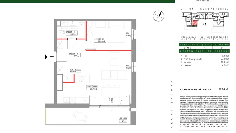Rzut - Mieszkanie na sprzedaż 2 pokoje o powierzchni 52,34 m² - numer D156 w Grunwald Między Drzewami etap III