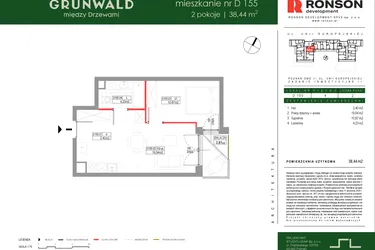 Rzut - Mieszkanie na sprzedaż 2 pokoje o powierzchni 38,44 m² - numer D155 w Grunwald Między Drzewami etap III