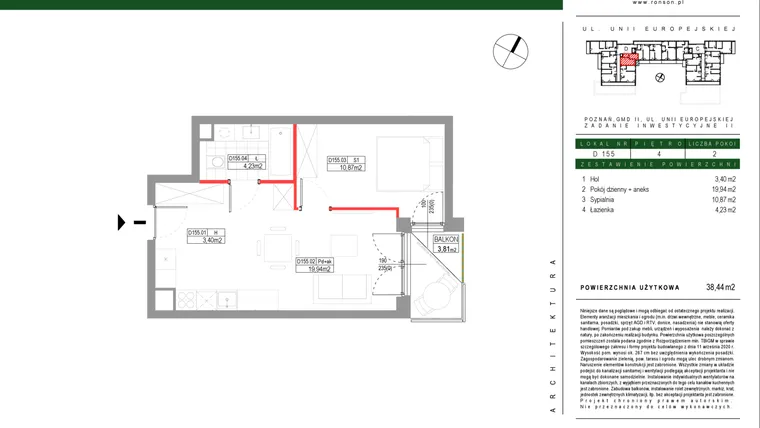 Rzut - Mieszkanie na sprzedaż 2 pokoje o powierzchni 38,44 m² - numer D155 w Grunwald Między Drzewami etap III