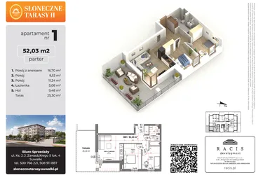 Rzut - Mieszkanie na sprzedaż 3 pokoje o powierzchni 52,03 m² - numer 1 w Słoneczne Tarasy II