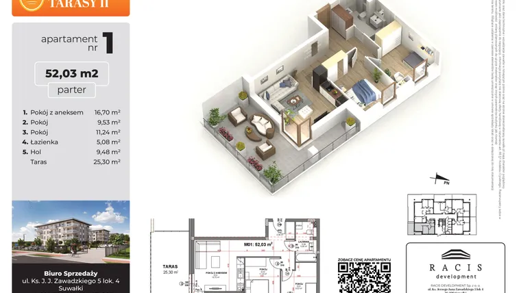 Rzut - Mieszkanie na sprzedaż 3 pokoje o powierzchni 52,03 m² - numer 1 w Słoneczne Tarasy II
