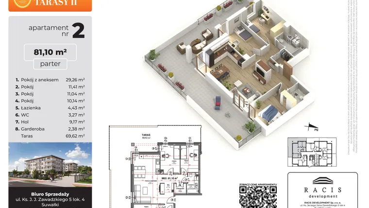 Rzut - Mieszkanie na sprzedaż 4 pokoje o powierzchni 81,1 m² - numer 2 w Słoneczne Tarasy II