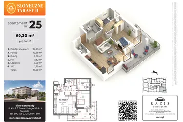 Rzut - Mieszkanie na sprzedaż 3 pokoje o powierzchni 60,3 m² - numer 25 w Słoneczne Tarasy II